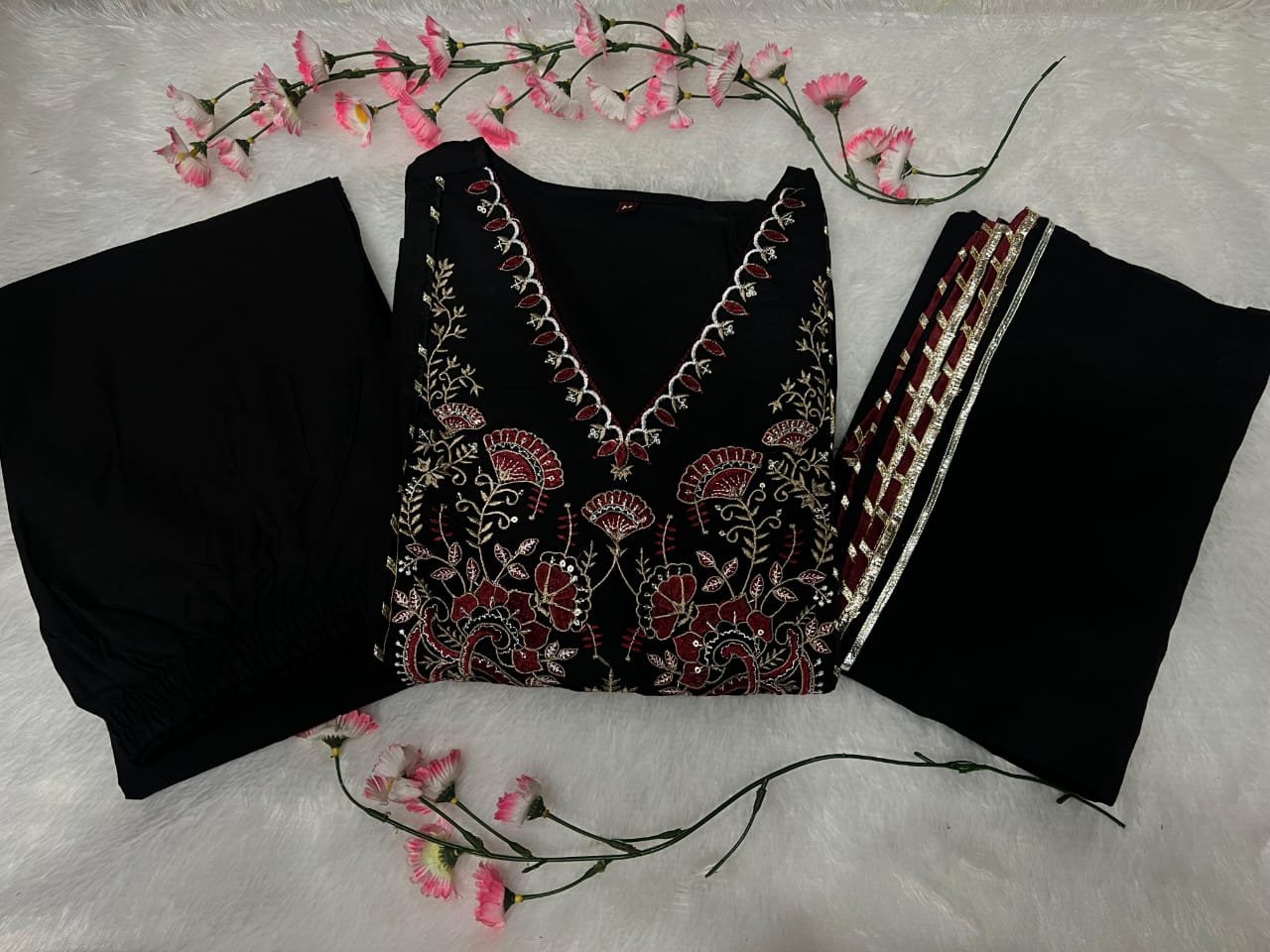 Black Natra Cut Embroidered Kurta Set